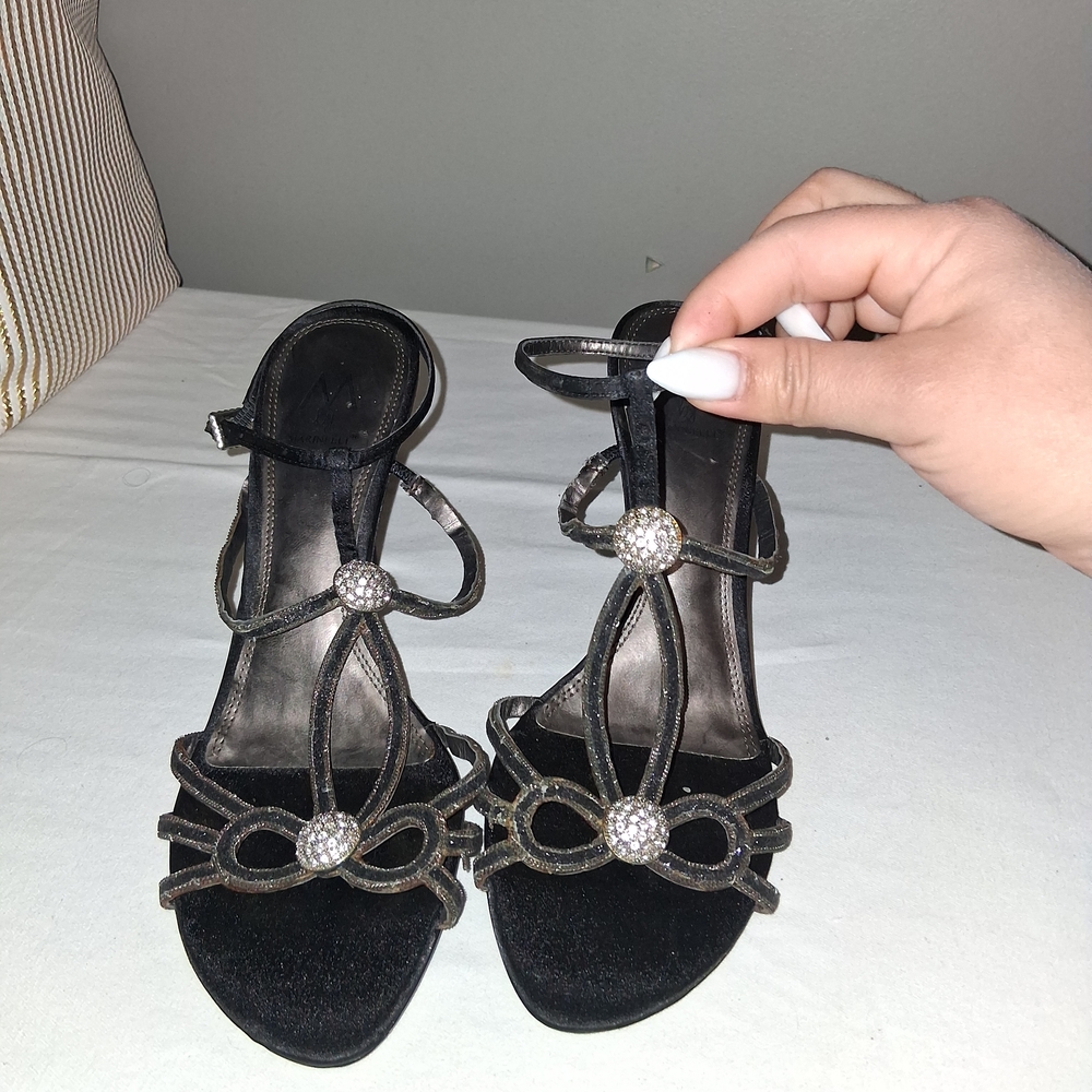 Black Rhinestone Strappy Heels with Crystal Accents